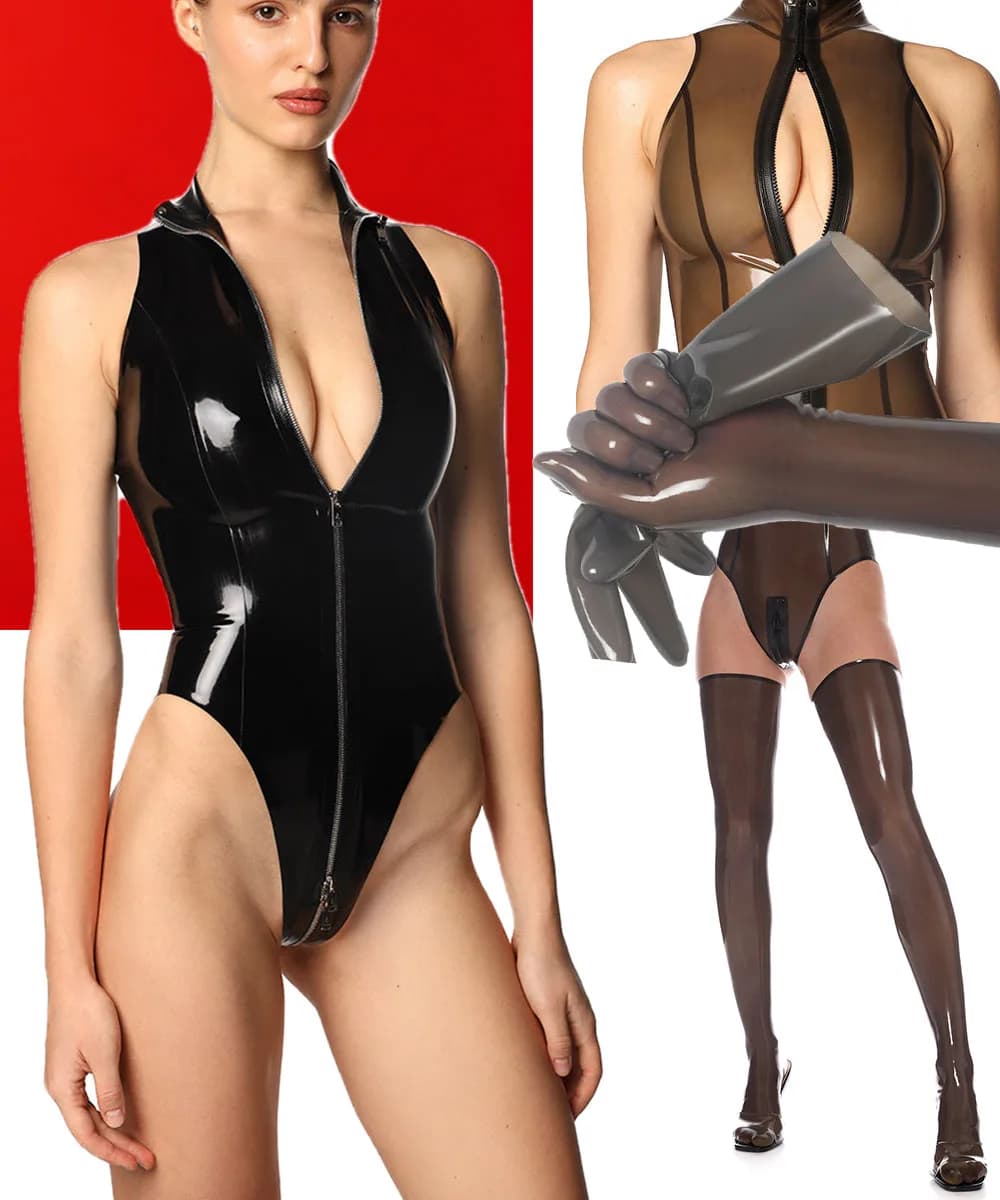 Guanti in lattice, calze alti fino alla coscia, costume unisex in gomma per feste