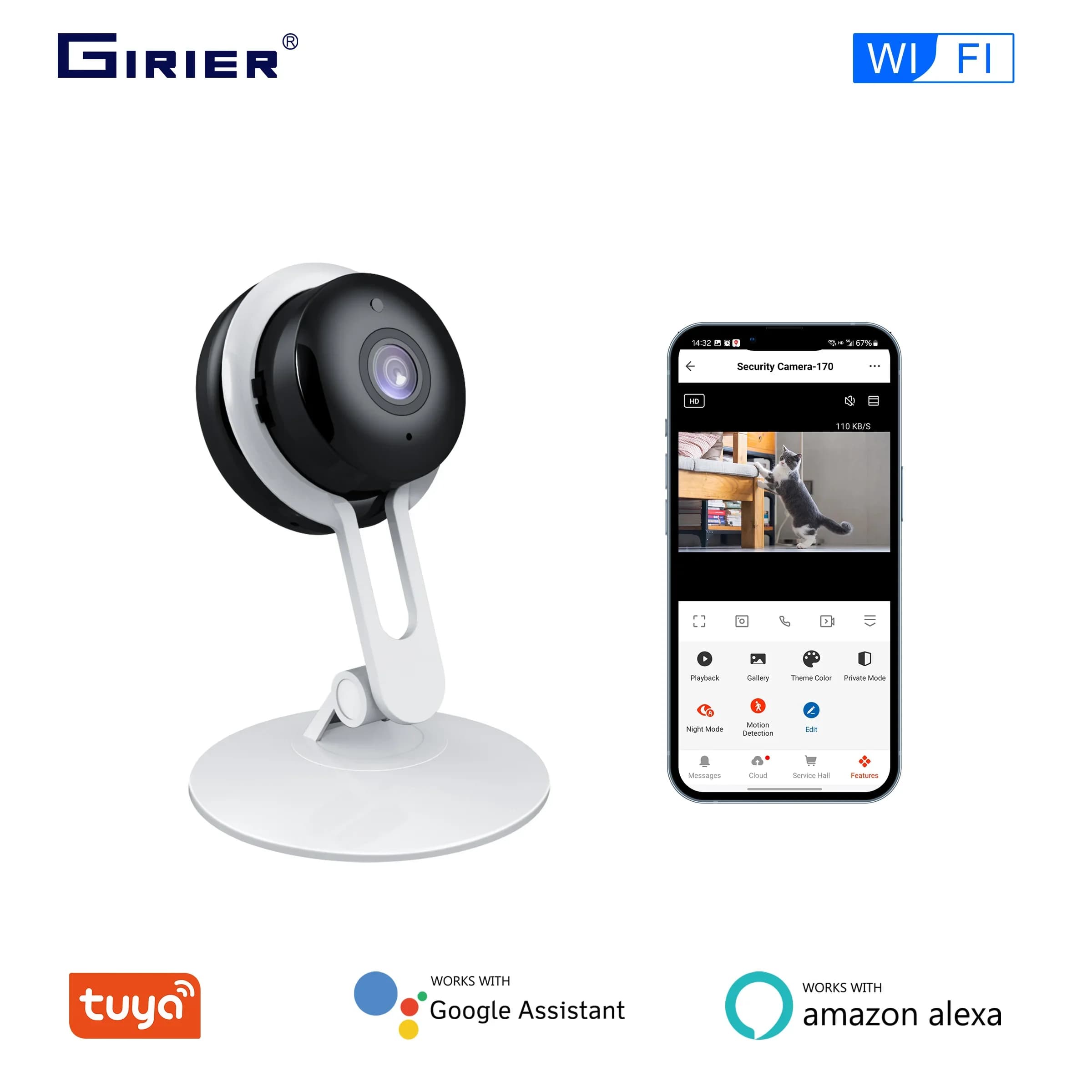 GIRIER Tuya WiFi Telecamera di sicurezza intelligente per baby monitor Telecamera IP intelligente per interni Supporta la visione notturna Conversazione bidirezionale Funziona con Alexa