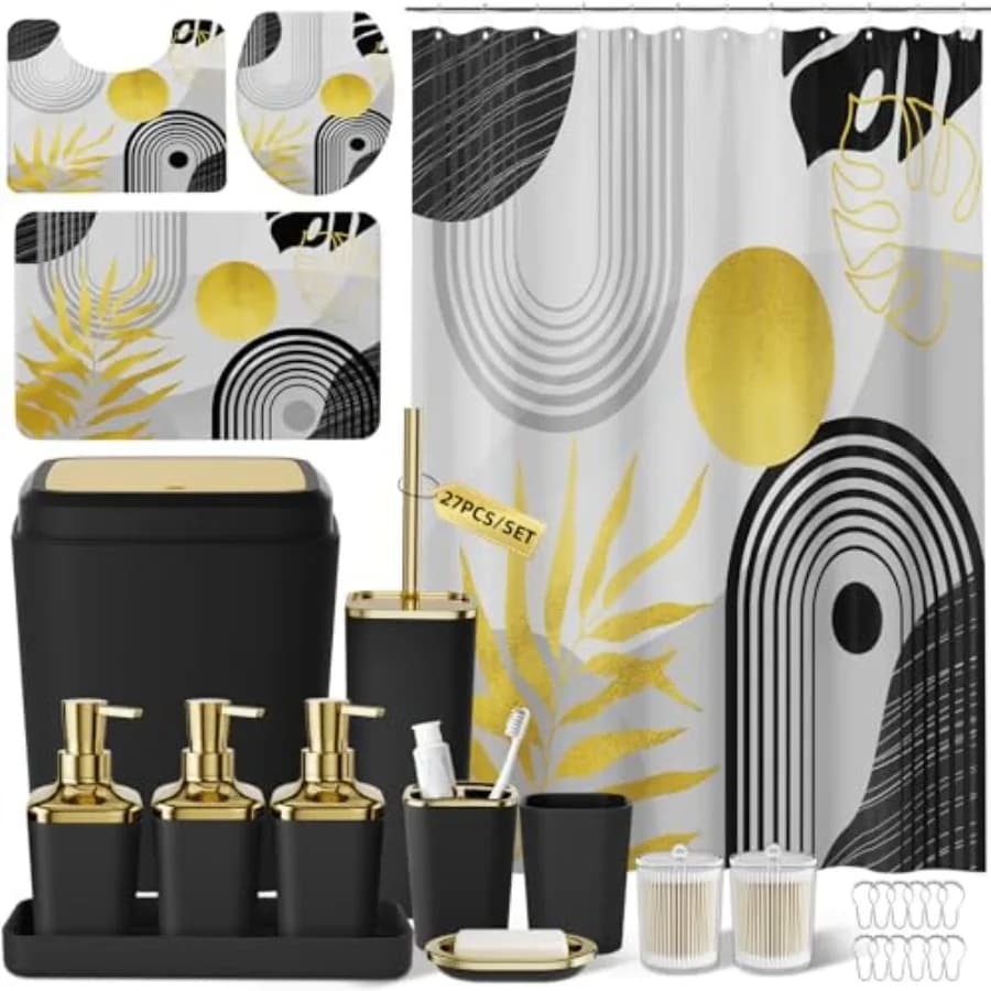 Set da Bagno - Set da 27 Pezzi con Tenda Doccia e Tappeti, Set da Bagno Nero, Set Accessori Bagno, Cestino, Tappetino WC