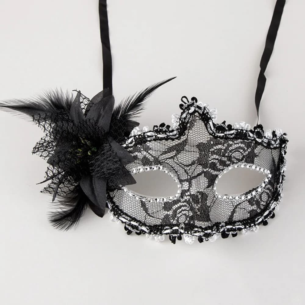 Maschera per gli occhi Maschera per travestimento con fiori laterali Mezza faccia Piuma Maschera di Mardi Gras Maschera per occhi in pizzo sexy Festa veneziana
