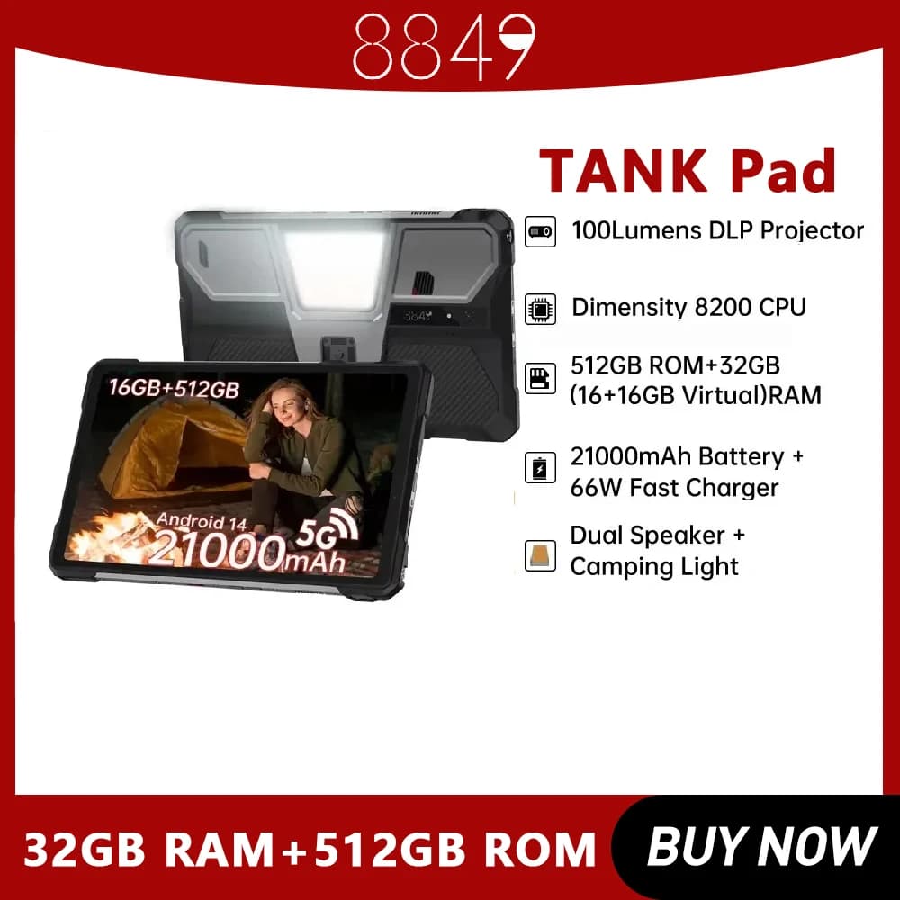 Unihertz Tank PAD da 8849 Robusto Proiettore Tablet 10.95" FHD Dimensity 8200 32GB + 512GB Doppio Altoparlante Tablet Telefono Wifi 21000mAh