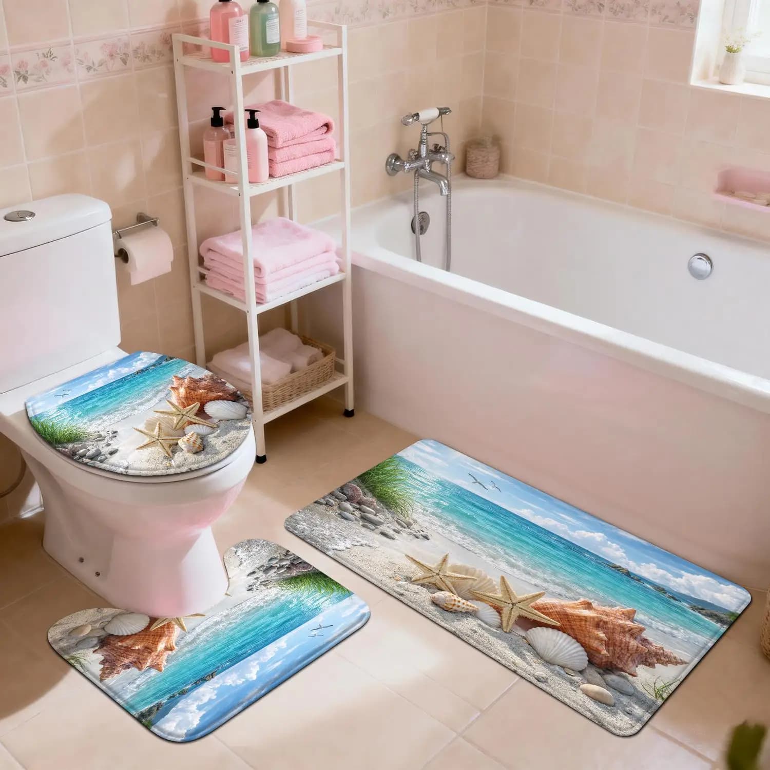 Set di 3 Tappetini da Bagno a Tema Mare con Conchiglie e Stelle Marine, Antiscivolo e Morbidi, per WC, Lavabo, Bagno e Arredamento Casa