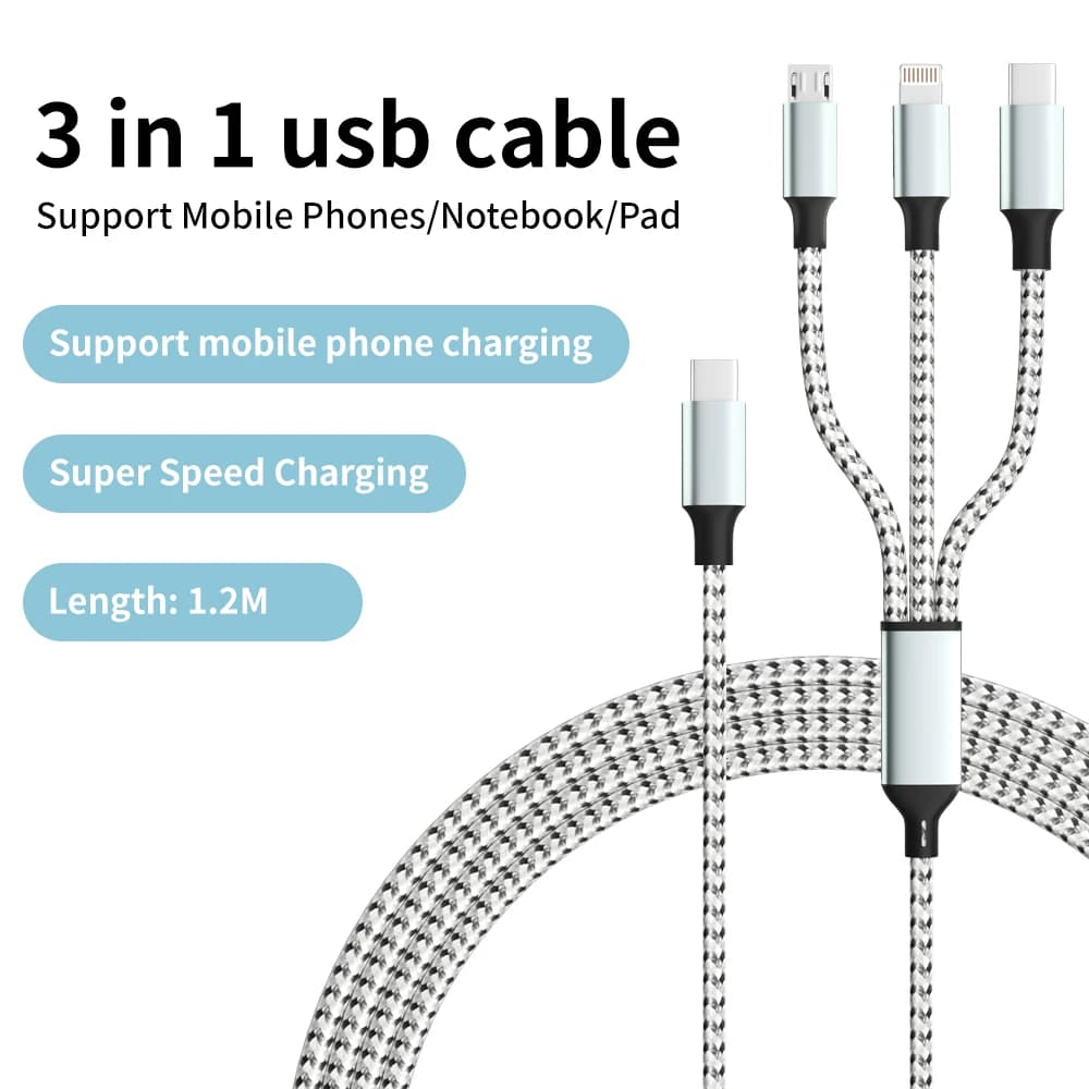Cavo USB tipo C a ricarica rapida 3 in 1 Micro USB tipo C per Iphone Samsung Huawei Xiaomi Cavo di ricarica multiporta multiporta