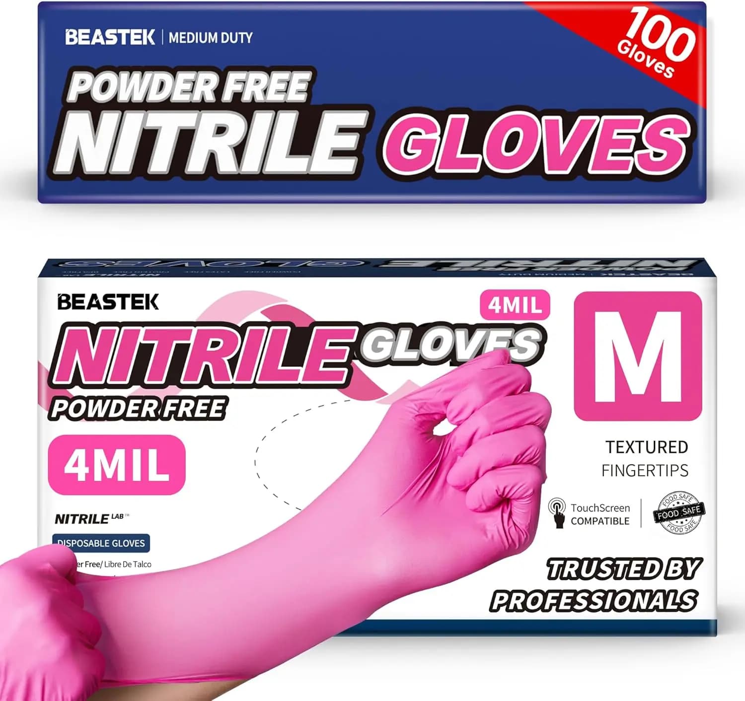 Guanti Monouso in Nitrile per Esami, 4 Mil, 100 Pezzi, Senza Polvere, Senza Lattice, Adatti per Alimenti, per Cucina, Uso Medico ed Estetico, Rosa Caldo