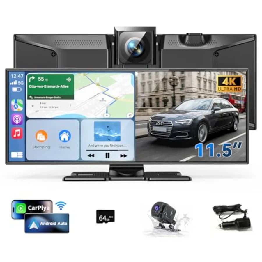 Portable Apple CarPlay Android Auto touch screen for vehicles: 11.5-inch wireless display, 4K dash cam, 1080p backup camera, mi