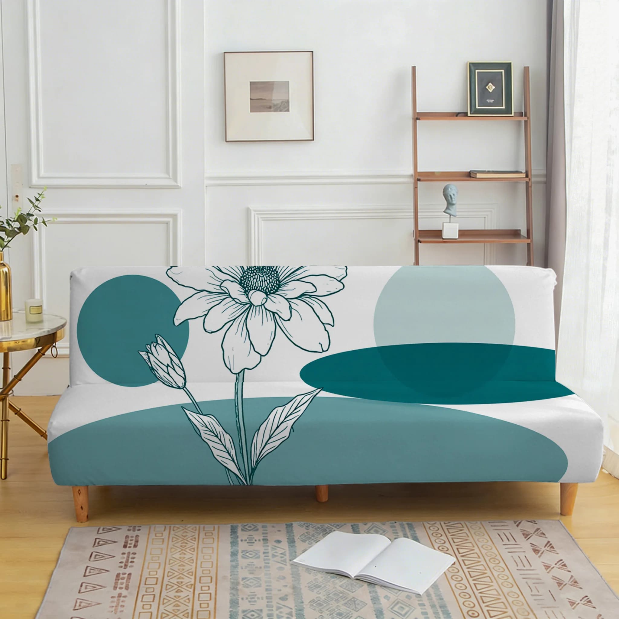 Contrast geometric cover with floral pattern, elastic sofa cover without armrests, dust protection cover for furniture