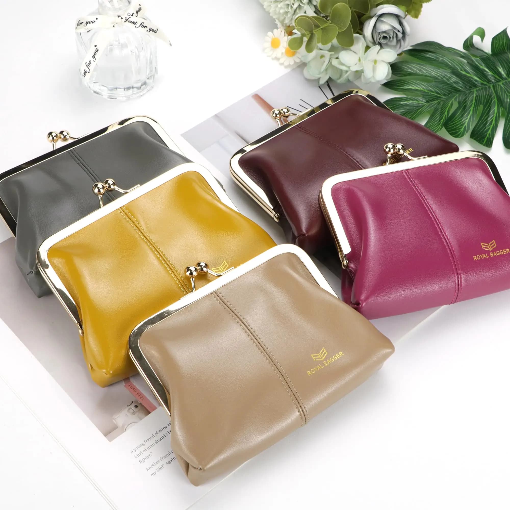 Portafoglio porta carte con blocco RFID in vera pelle Royal Bagger, con chiusura a bacio, 2 scomparti per carte e portamonete in pelle con cerniera