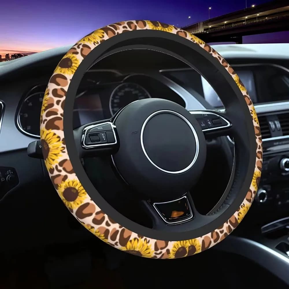 Yellow sunflowers on a yellow cover with universal leopard print 15 in car cover with sunflower flower