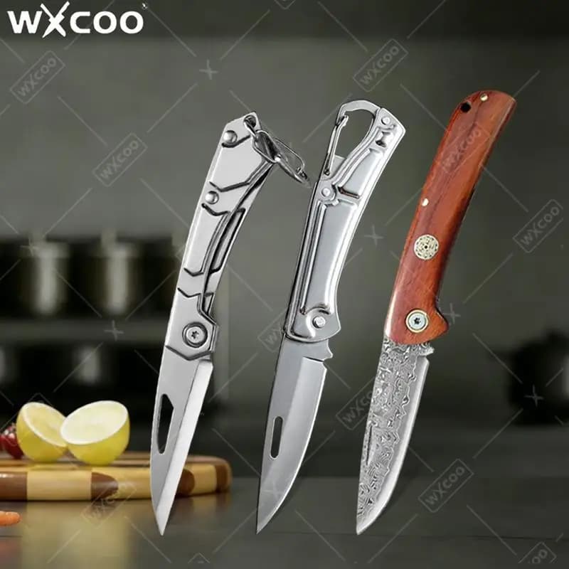 Coltello Pieghevole WXCOO in Acciaio Damascato, Coltello da Cucina per Tagliare Verdure e Carne, Coltello Tascabile in Acciaio Inox con Manico in Legno, Coltello per Sbucciare