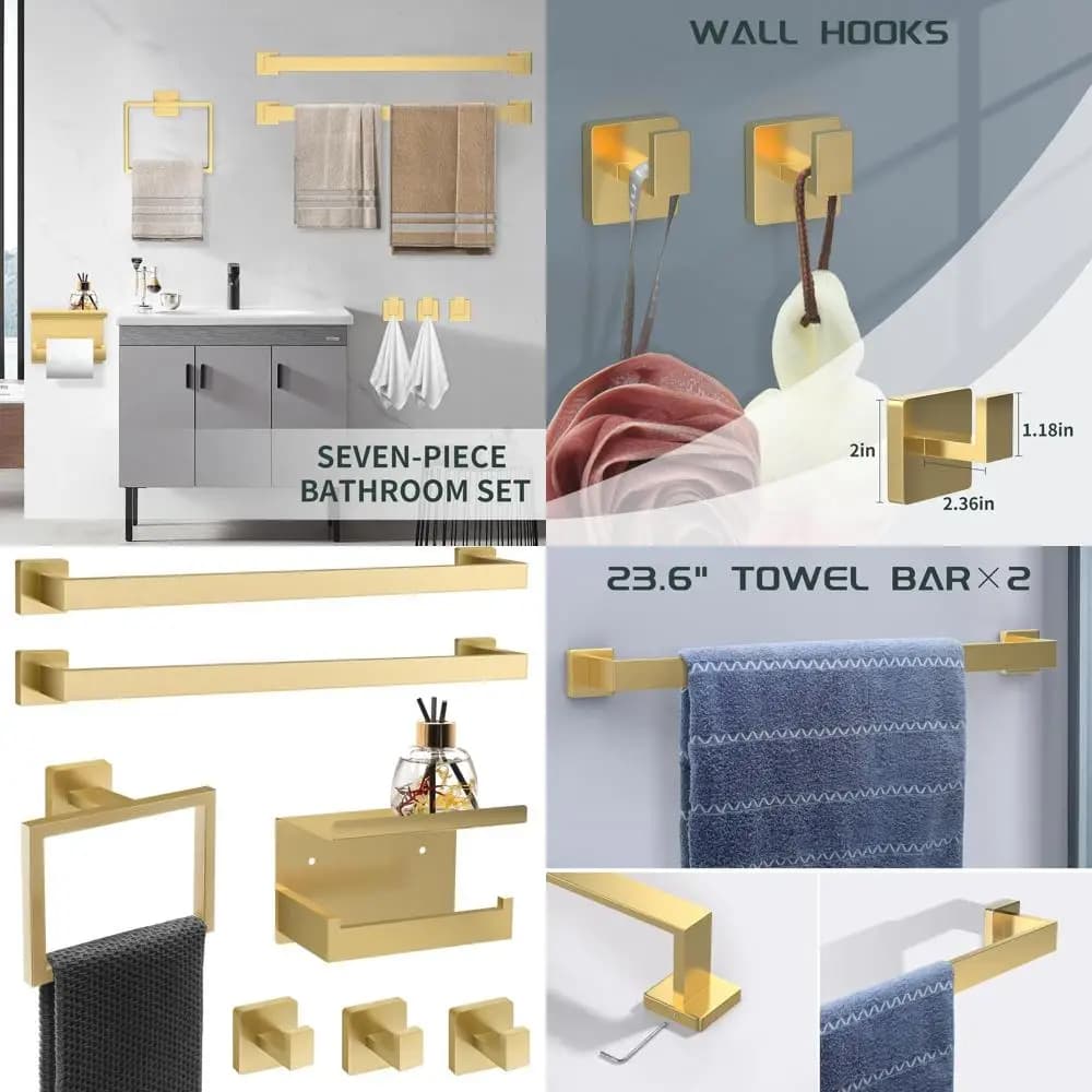 Set di accessori per il bagno in oro spazzolato da 7 pezzi: portasciugamani e portasciugamani quadrati in acciaio inossidabile, 23