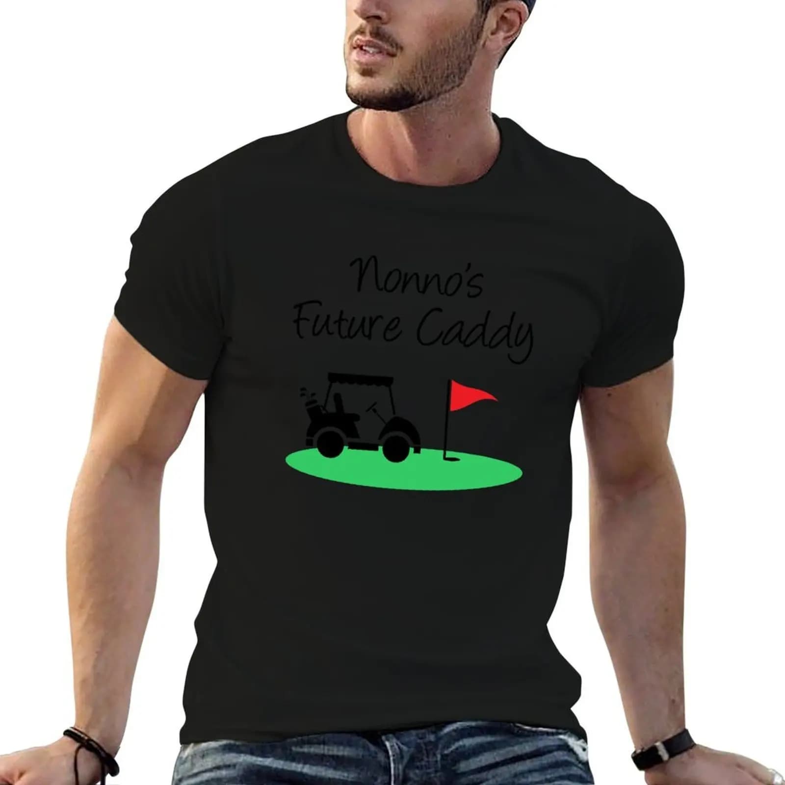 T-shirt Nonno's Future Caddy Golf Cart And Flag Icons, t-shirt in cotone, t-shirt pack man, t-shirt di design in cotone, t-shirt 100% cotone