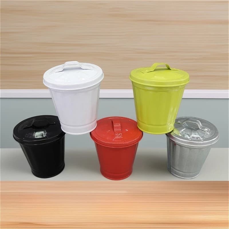 Mini Metal Trash Can with Lid 9x9.5cm, Small Desk Waste Bin Planter Storage Jar for Bedroom Living Room Office