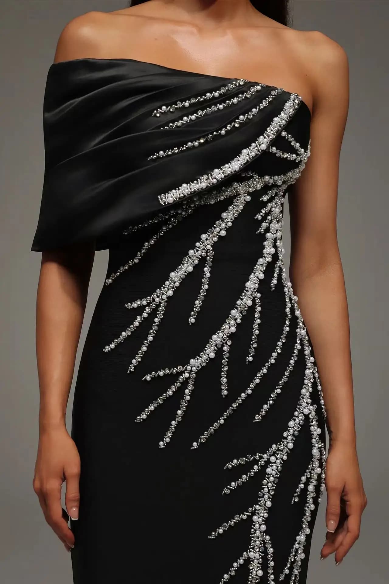Black One Shoulder Elasticity tight Bandage Long Dress Luxury Rhinestones Beading Celebrity Cocktail Party Elegant Dress