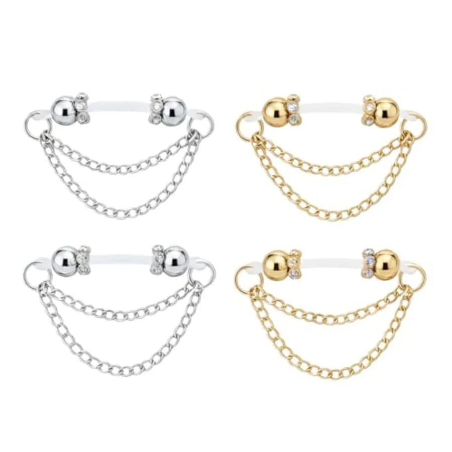 2 Pairs Non-Piercing Nipple Jewelry Adjustable Silicone Rings with Silver and Gold Beads Fake Nipple Piercing Look, Pain-Free F