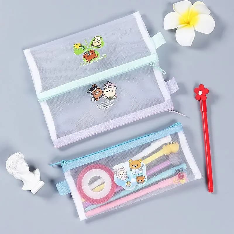 Astuccio per matite in rete con cartoni animati Rilakkuma, custodia trasparente per penne, borsa per trucchi semplice e carina, regali di compleanno per ragazzi e ragazze