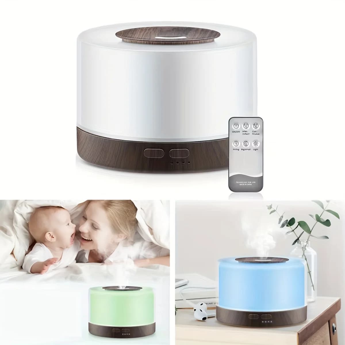 Diffusore di aromi effetto legno 7 colori 500ml | Umidificatore per oli essenziali con telecomando, spegnimento automatico