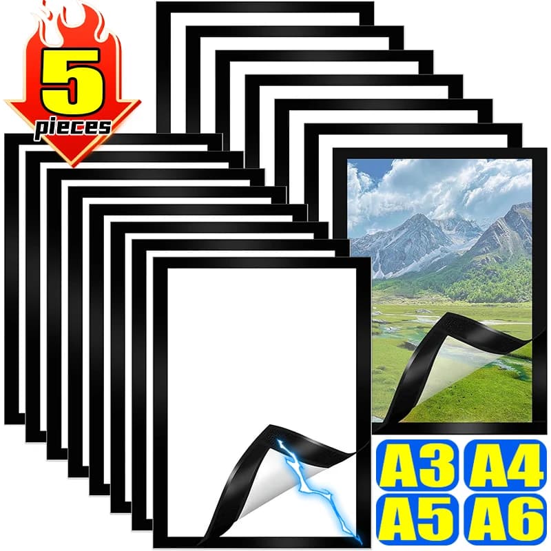 Black Magnetic Picture Frame Self-Adhesive Photo Frame Photos Notes Posters Display Holder Frame Sheet Refrigerator Wall Decor