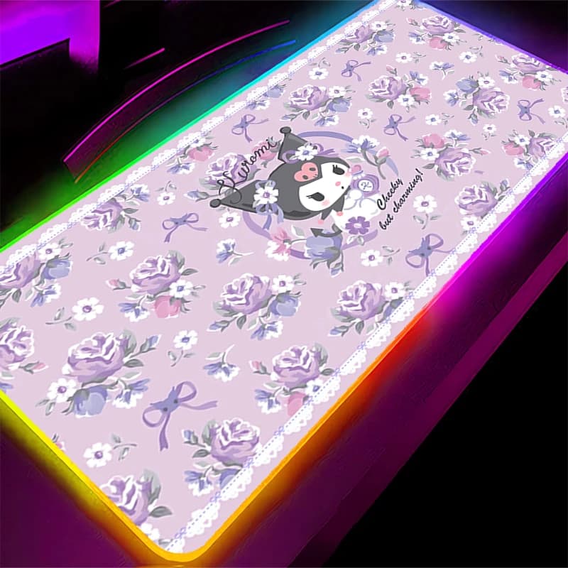 Tappetino per mouse RGB grande per e-sport, bordo bianco, gomma flessibile liscia, Kuromi 90x40 cm, tastiera per PC da gioco, retroilluminazione a LED, mousepad