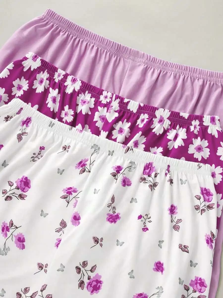 Pantaloni pigiama larghi da donna con elastico in vita, 3 pezzi, colore floreale, lunghezza 7/8