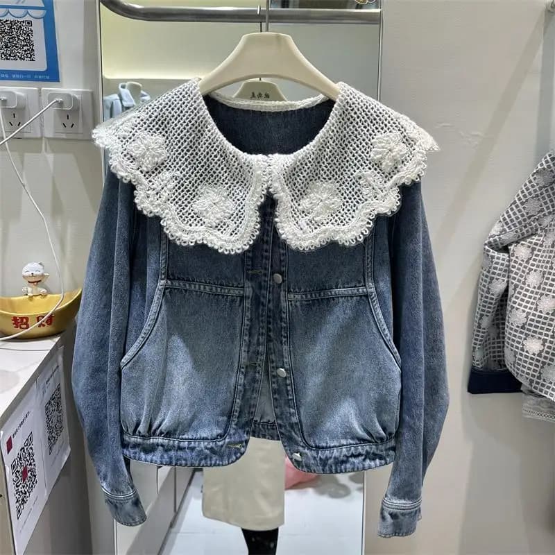 Top da donna primavera autunno nuovo stile coreano giacca di jeans colletto per bambola patchwork di pizzo giacca corta alla moda
