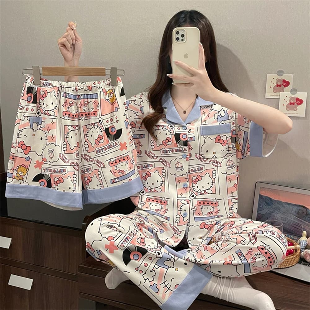 Sanrio Hello Kitty Cotton Pajamas for Women Summer Pijama Pants Shorts Short Sleeve Sleepwear Cute Cartoon Pyjamas Home Suit New