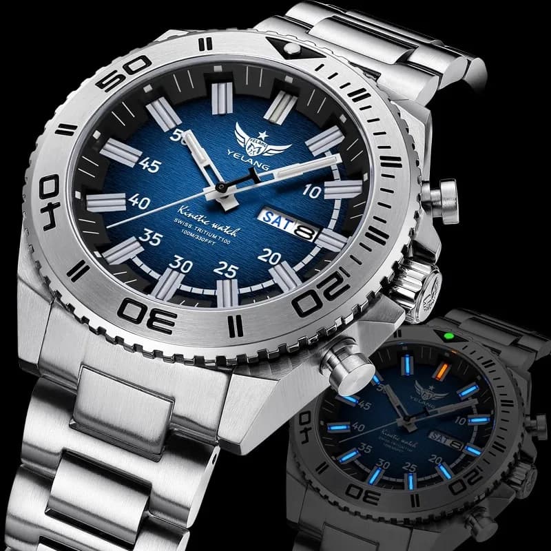 Yellang nuovo Design umano energia cinetica orologi impermeabile 100m H3 Gas luce notturna autoluminescente 10Bar Diving Grade V1035