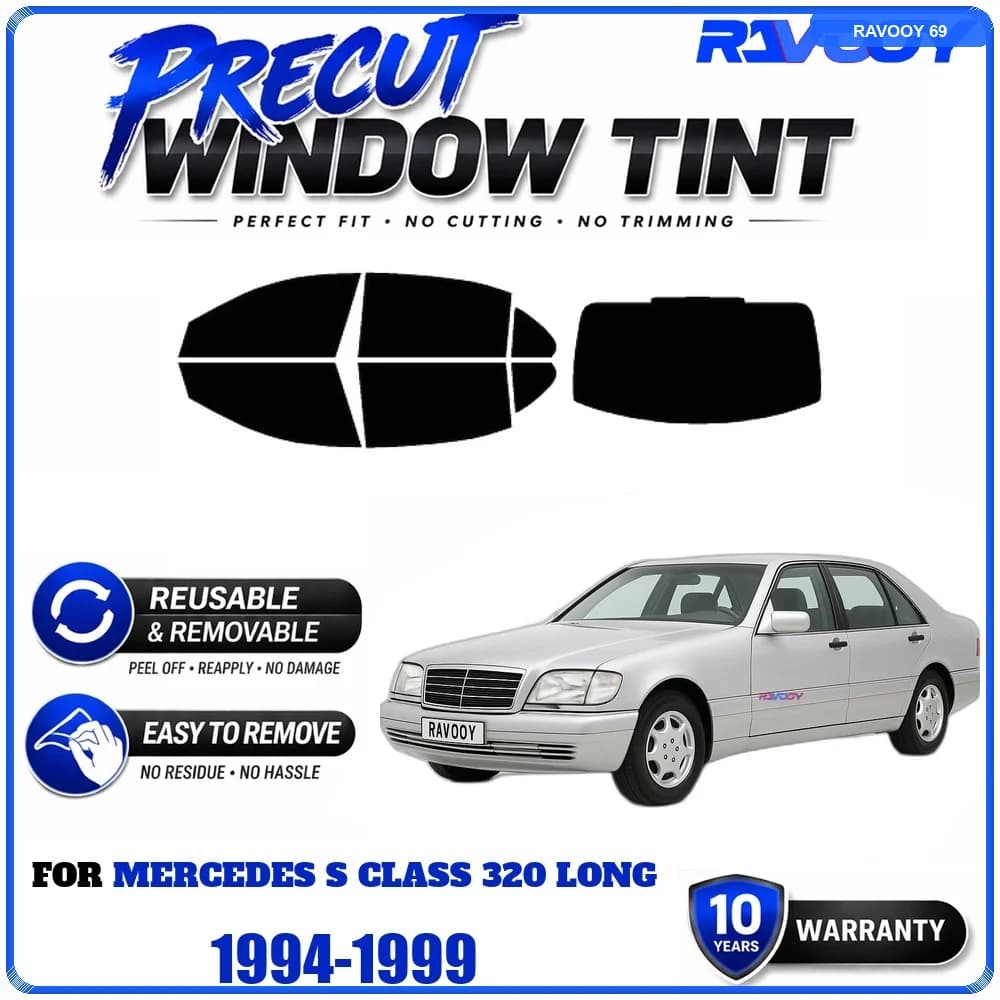 RAVOOY Precut Window Tint, Reusable Removable EPU Film, Custom Fit for Mercedes S Class 320 Long 1994-1999, UV Heat Protection