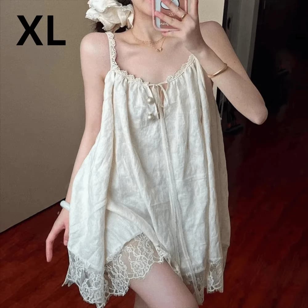 Camicia da Notte in Stile Francese con Pizzo, Bretelle e Dettaglio Fiocco, Vestito Sottoveste Morbido, Abbigliamento da Casa