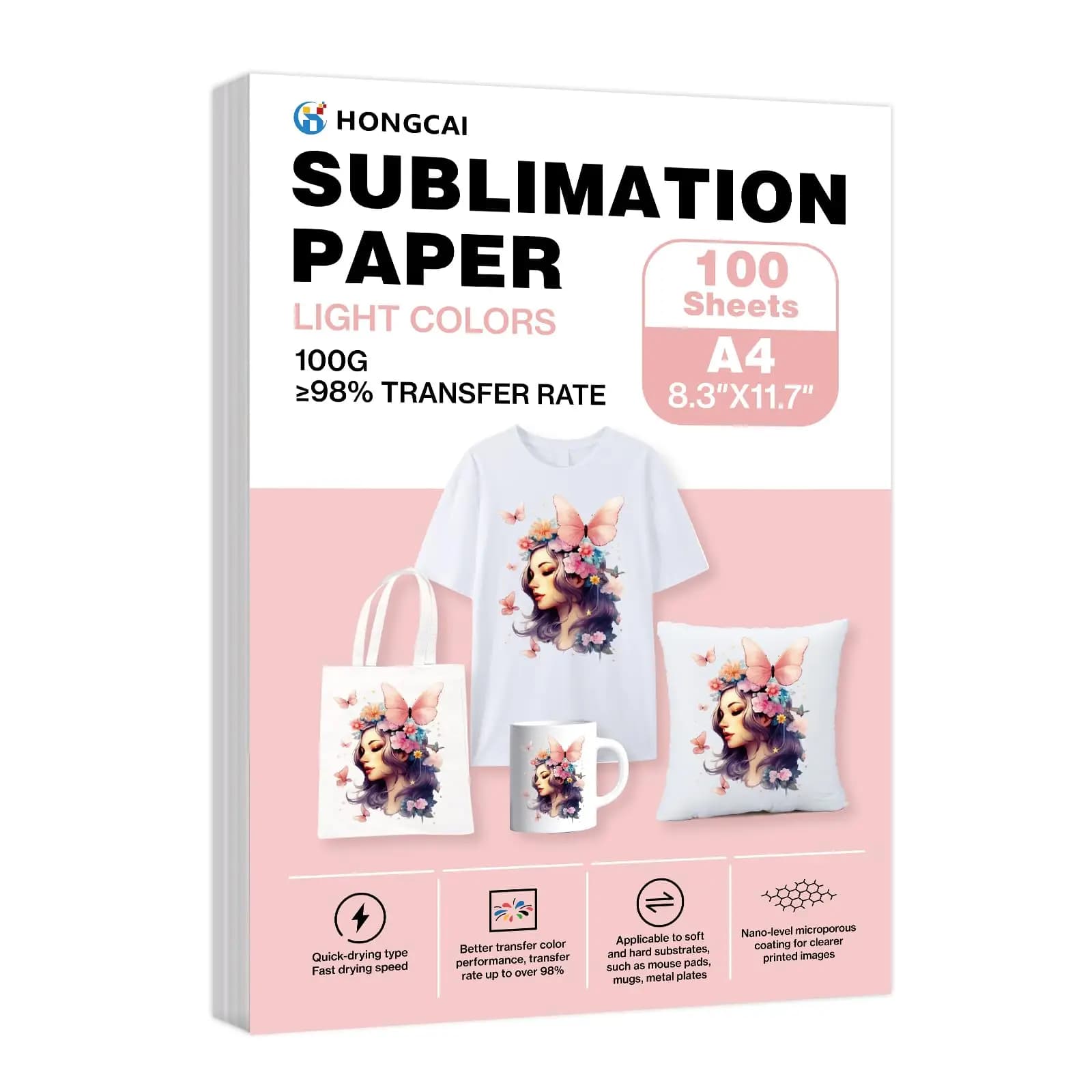 A4 100GSM Sublimation Paper Fast Dry Anti-Curl No Ink Bleeding High Transfer Rate for Epson Sawgrass Inkjet Printers, for T-shirt Mug Tumbler Heat Press