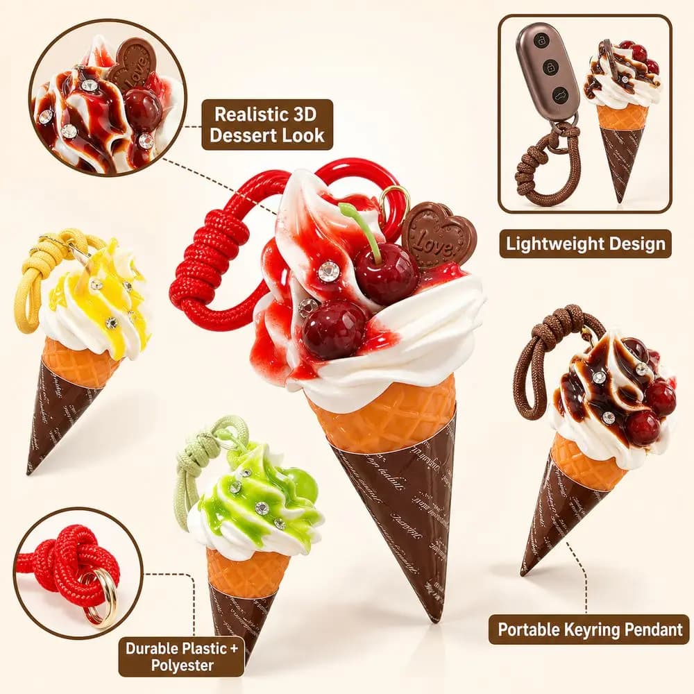 Gifts Cute Cartoon Ice Cream Keychain Food Shaped Realistic Dessert Backpack Pendant Portable Dessert Keychain Key Accessories