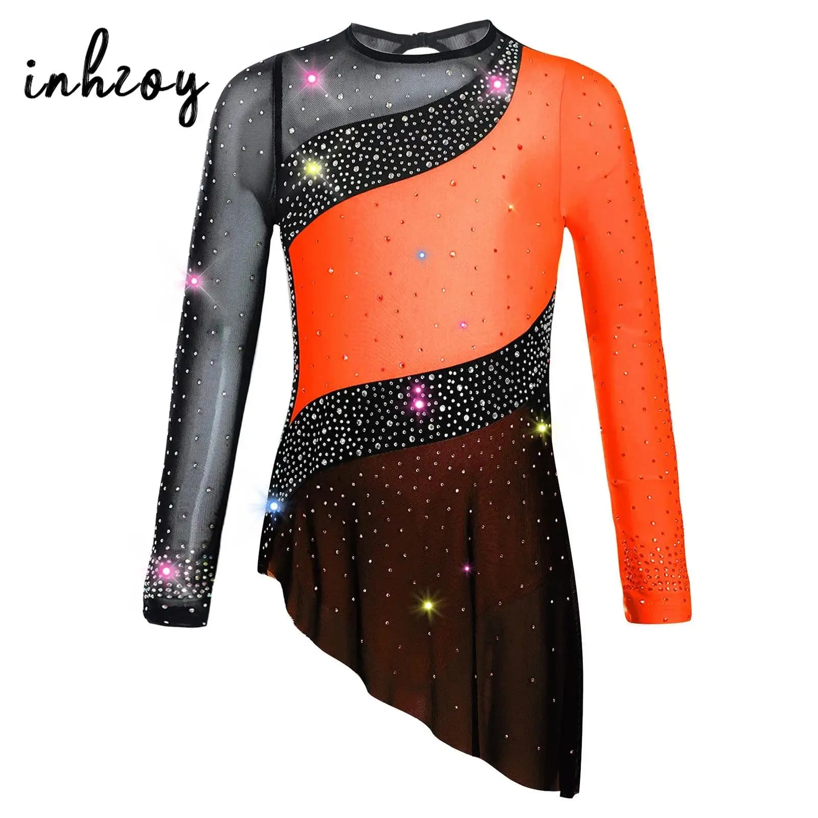 Body da balletto per bambina, vestito da ginnastica ritmica, danza lirica, manica lunga, maglia trasparente, strass, body da pattinaggio di figura