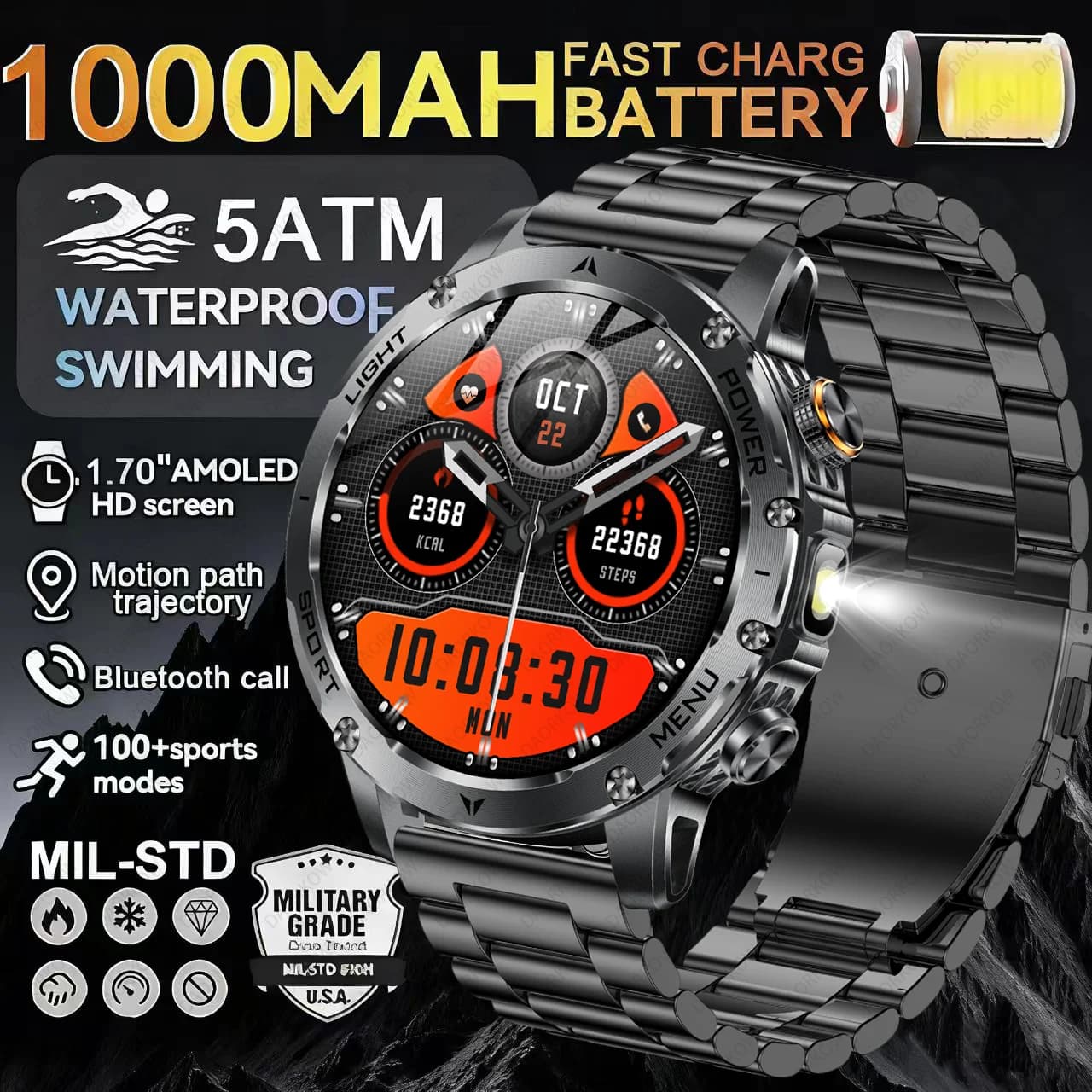 2025 Nuovo Orologio Intelligente Militare 1000Mah Batteria Fitness Tracking 5ATM Tattiche Impermeabili Sport Torcia Elettrica Chiamata Braccialetto Per Gli Uomini