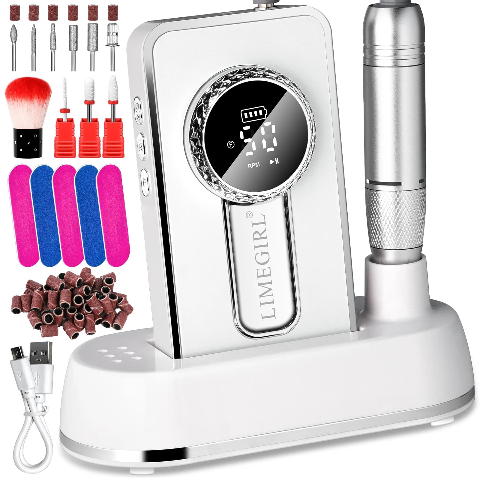 Trapano Elettrico per Unghie 45000 RPM, Ricaricabile, Portatile, Kit Fai-da-Te con Schermo LCD Intelligente