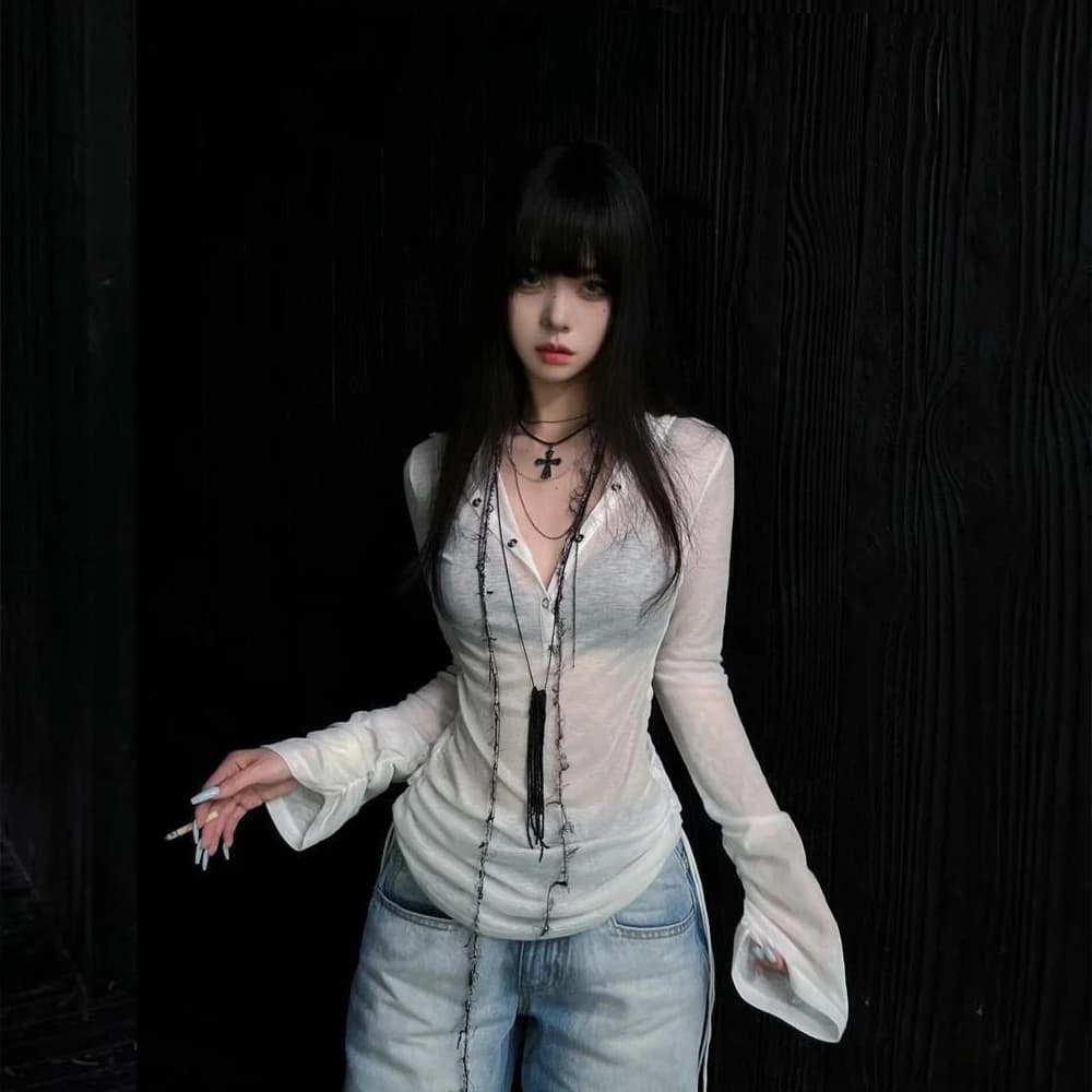 T-shirt con cappuccio da donna, a maniche lunghe, trasparente, slim fit, stile anni 2000, Y2K, abbigliamento femminile chic, top primaverili coreani 2025