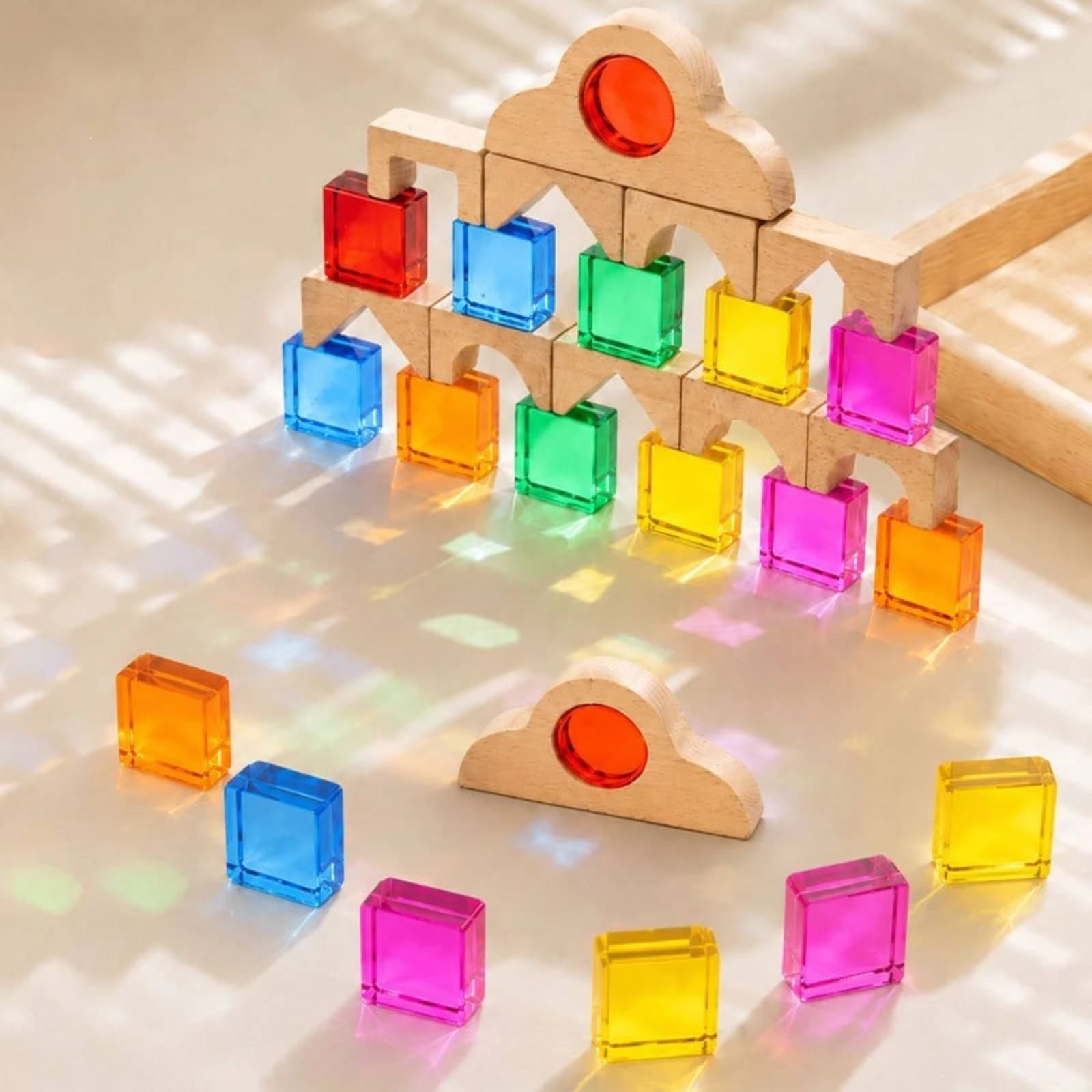 Wooden Building Toy with Acrylic Inserts Translucent Sensory Blocks with Colored Panels Geometric Blocks with Acrylic