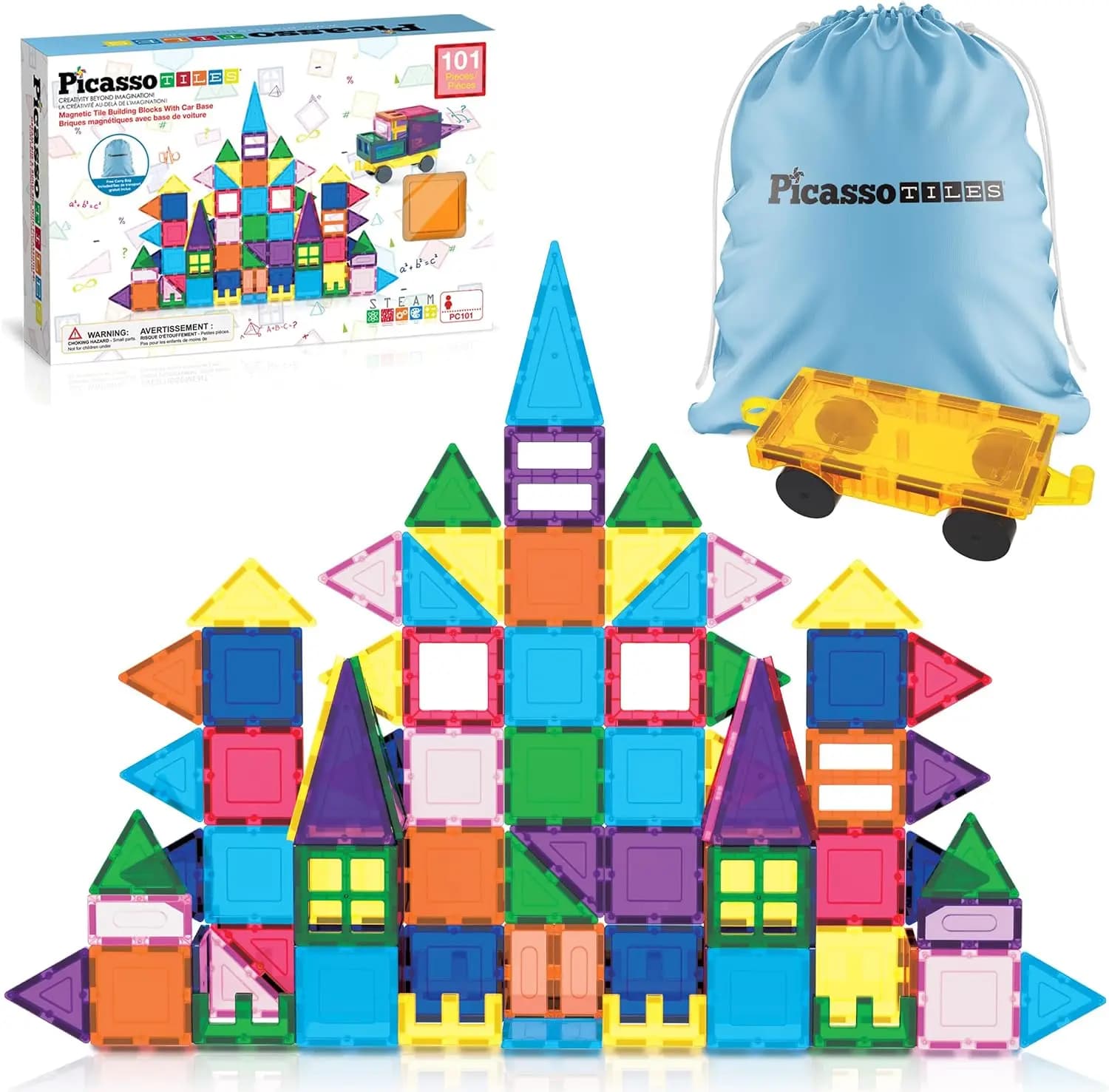 101 Blocchi Magnetici da Costruzione con Auto e Borsa Portaoggetti - Giocattolo Educativo STEM per Bambini dai 3 Anni in su