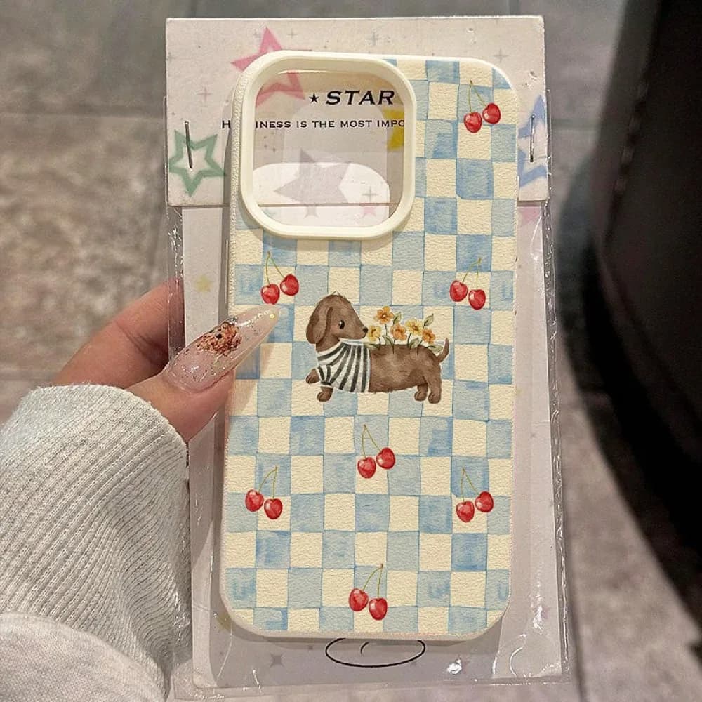 Blue Checkered Cherry Dog Print Phone Case for iPhone 17 Pro Max 17 Pro 17 Air 16 15
