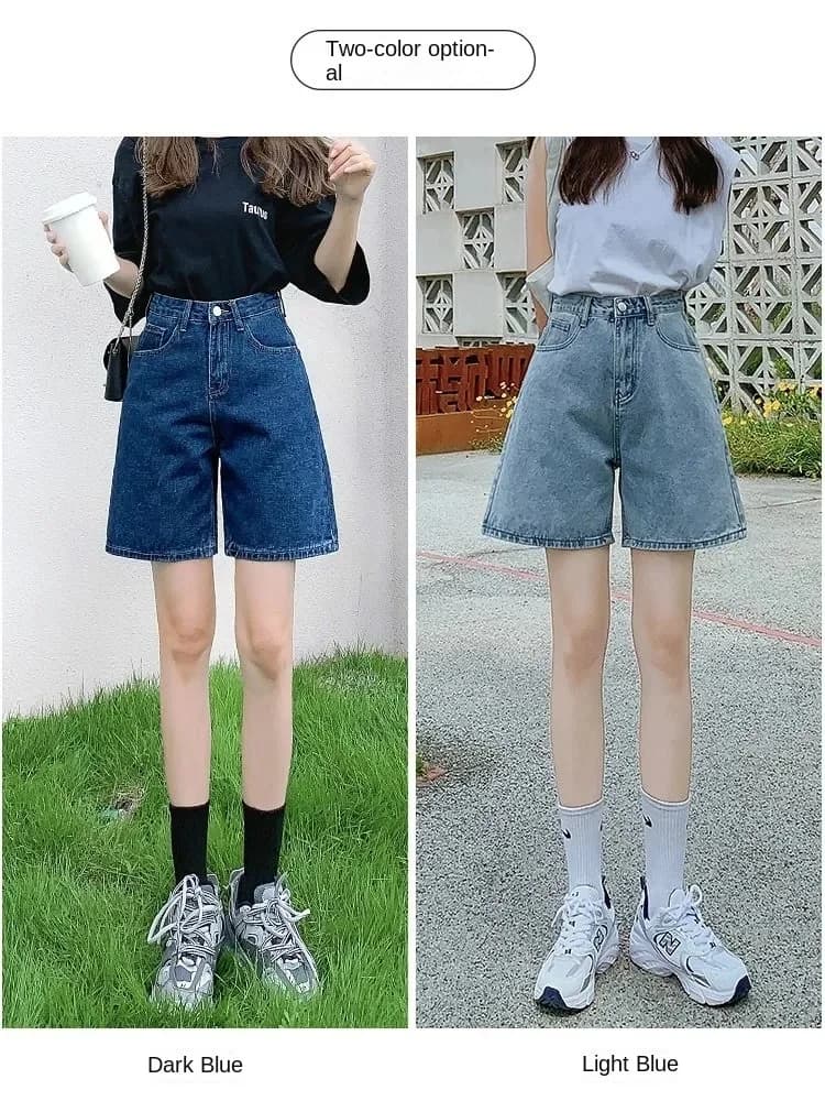 Women's high waist denim shorts, wide leg, retro blue, slim fit, casual clothing spring summer 2026