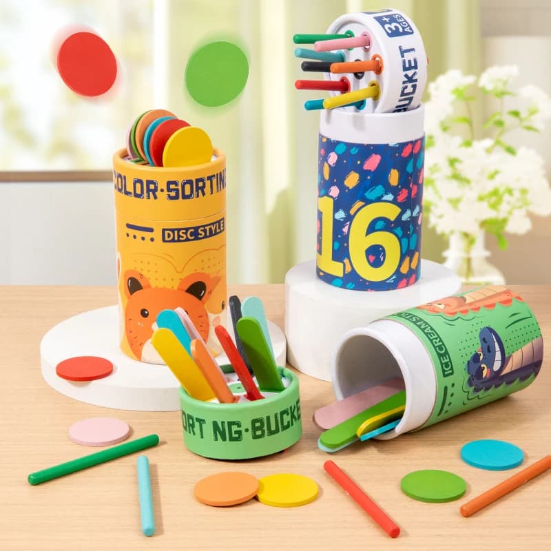 Classificazione dei colori per bambini Tazza cognitiva Scuola materna Montessori Classificazione dell'educazione precoce Secchio Giocattoli con bastoncini di legno colorati