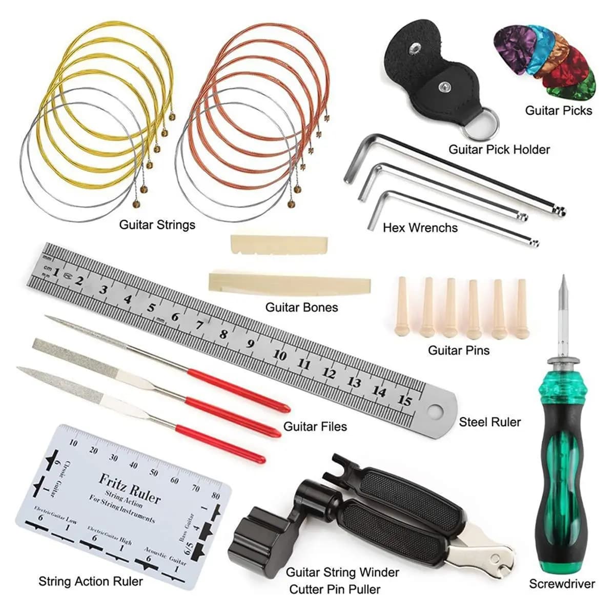 (AD12) Guitar Tool Kit Set Multi-Functional Guitar Repair Toolbox Guitar Parts Replacement Toolbox Picks String Fixed Buckle