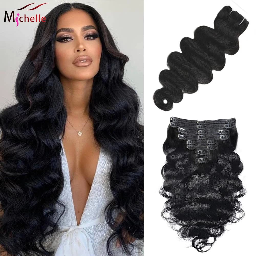 Clip per onda del corpo nelle estensioni dei capelli Clip per capelli umani veri Ins Estensioni dei capelli umani Clip Ins 8 pezzi con 18 clip 120g Nero naturale