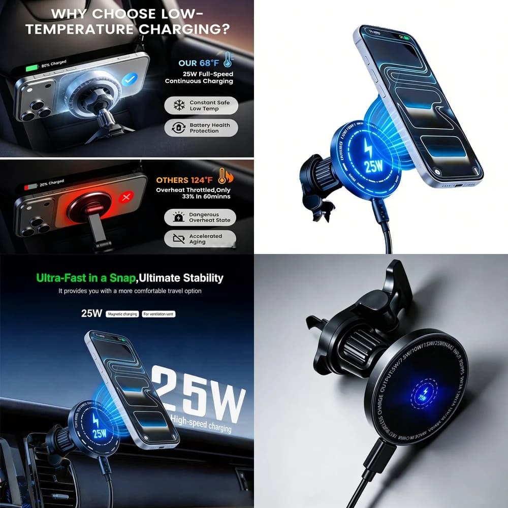 Wireless Car Charger 25W Magnetic Vent 360 Rotation Ball Stable Fast Charge for iPhone 17 Samsung Galaxy S26 Ultra Android