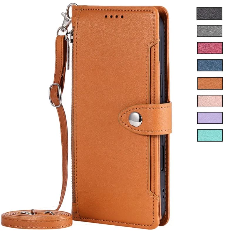 Solid Color Wallet Case for iPhone17e i17 Pro Max iPhone Air 16 15 14 Plus 13 12 mini 11 Pro Case Long Strap Zippoer Leather Bag