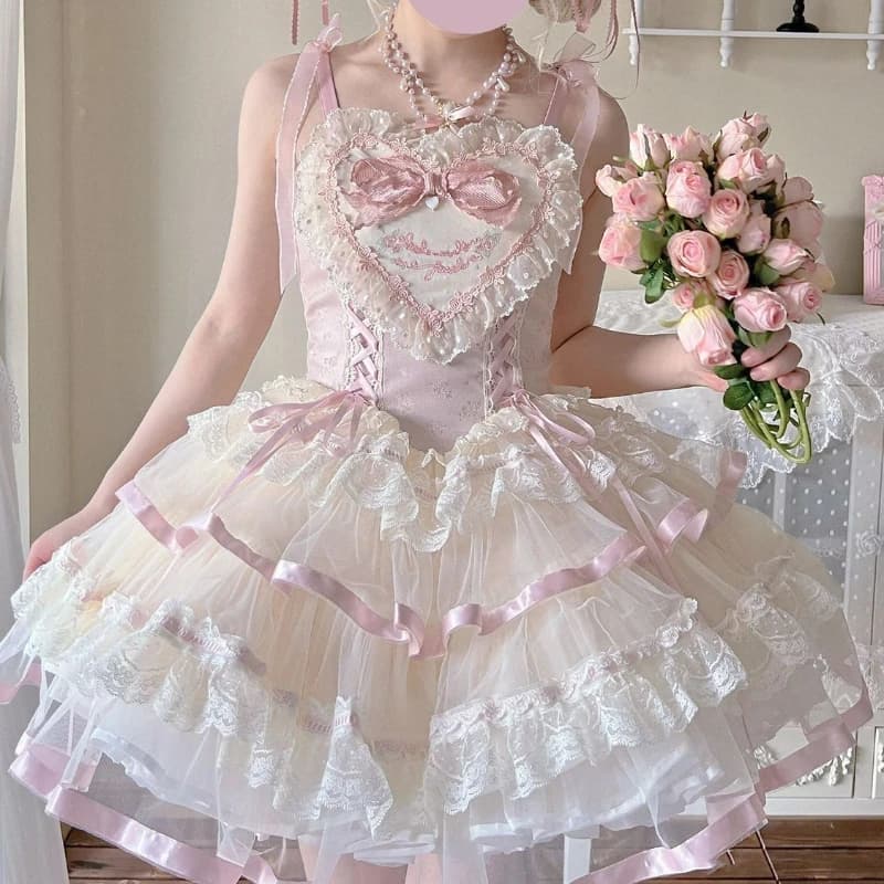 Abito giapponese dolce Lolita Jsk da donna Kawaii volant in pizzo con fiocco ricamato fasciatura sottile abiti da principessa mini abiti da festa carini