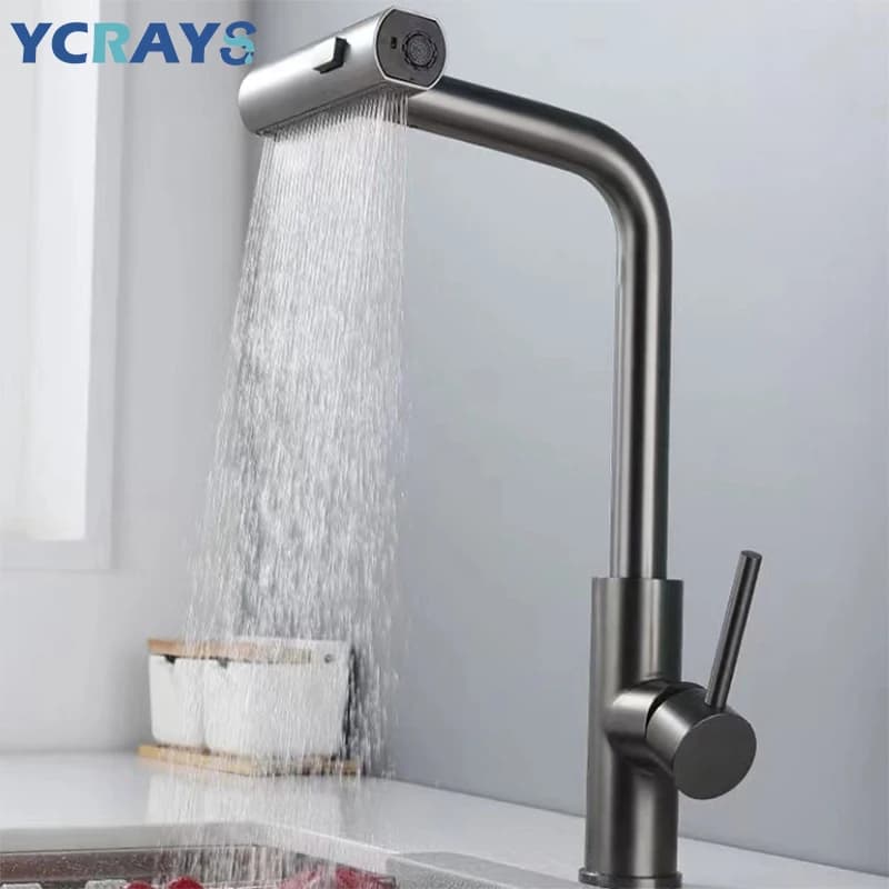 YCRAYS Rubinetti da cucina neri Grigio Estraibile Rotazione Cascata Spruzzatore a flusso Testa Lavello Miscelatore Nichel spazzolato Rubinetto dell'acqua Accessorio
