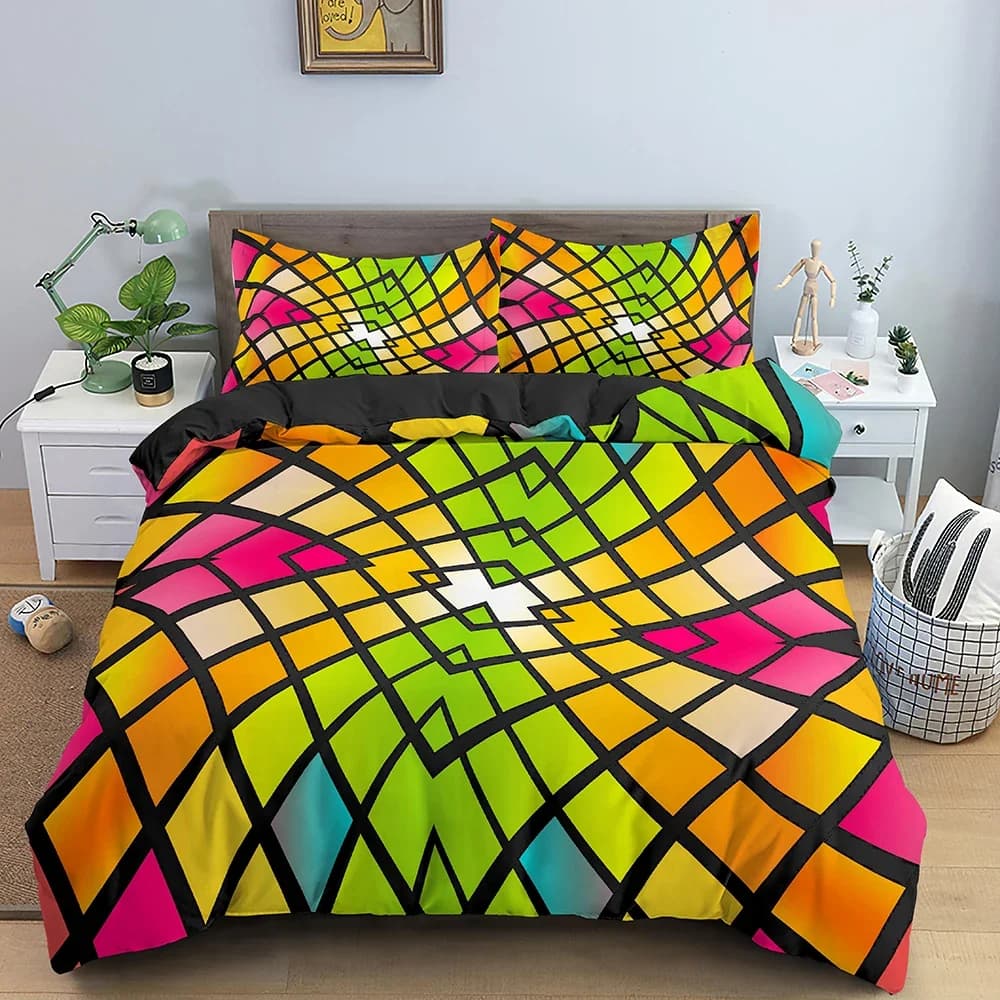 Set biancheria da letto astratta Copripiumino psichedelico stampato in 3D con chiusura a cerniera Set trapunta in poliestere queen size