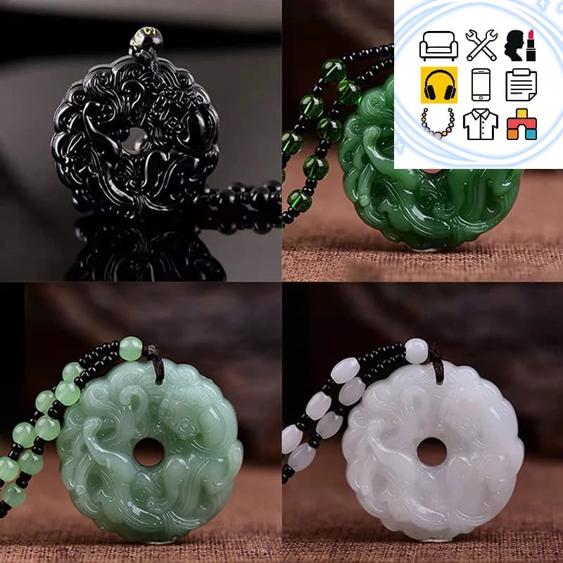 Collana con Ciondolo in Giada Verde Intagliato a Mano a Forma di Drago, Amuleto Cinese Multicolore, Gioiello Portafortuna per Uomo e Donna