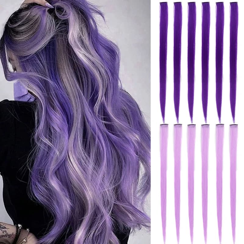Extension for Synthetic Hair Purple 22 Inches, 5 Pieces, Clip-In, Smooth and Colorful for Halloween and Christmas parties