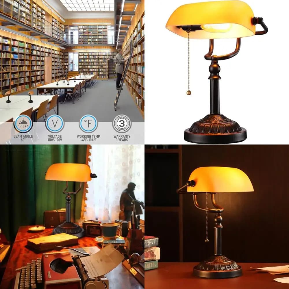 Vintage Desk Lamp in Amber Glass with Suspension Chain and Bronze Base, E26 Attachment, Ideal for Offices and Studio Rooms