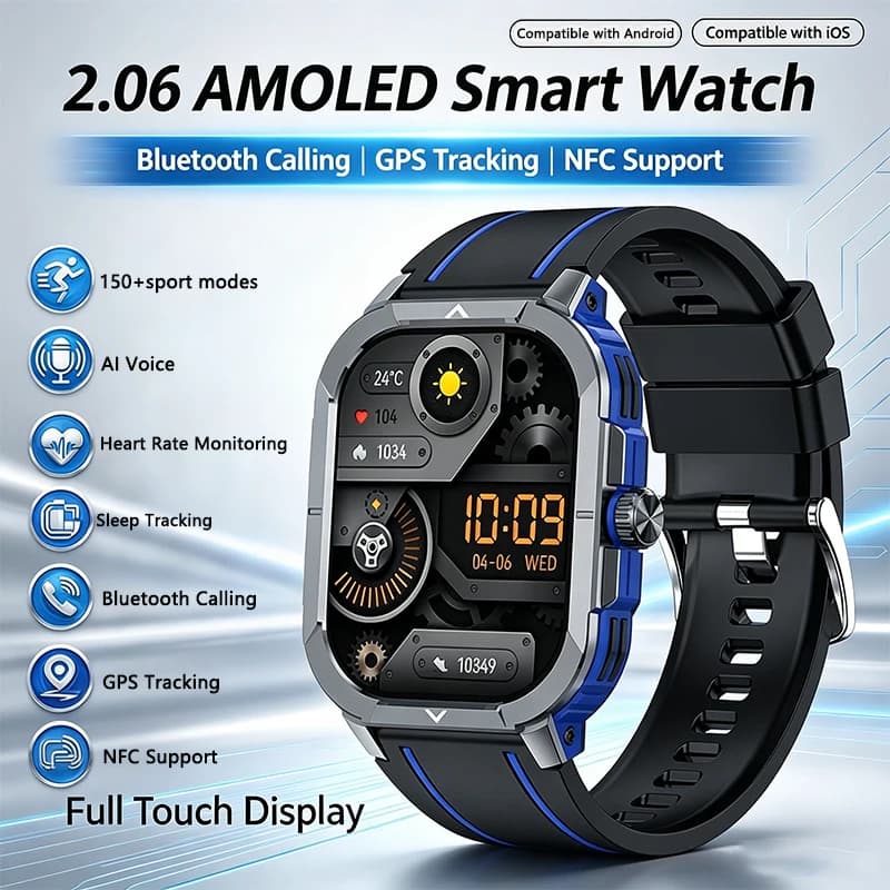 New Smartwatch 2026 with 2.06'' AMOLED Display, Cardiaca Frequency Monitoring, NFC, BT Calls, IP68 Waterproof, GPS & Tracking